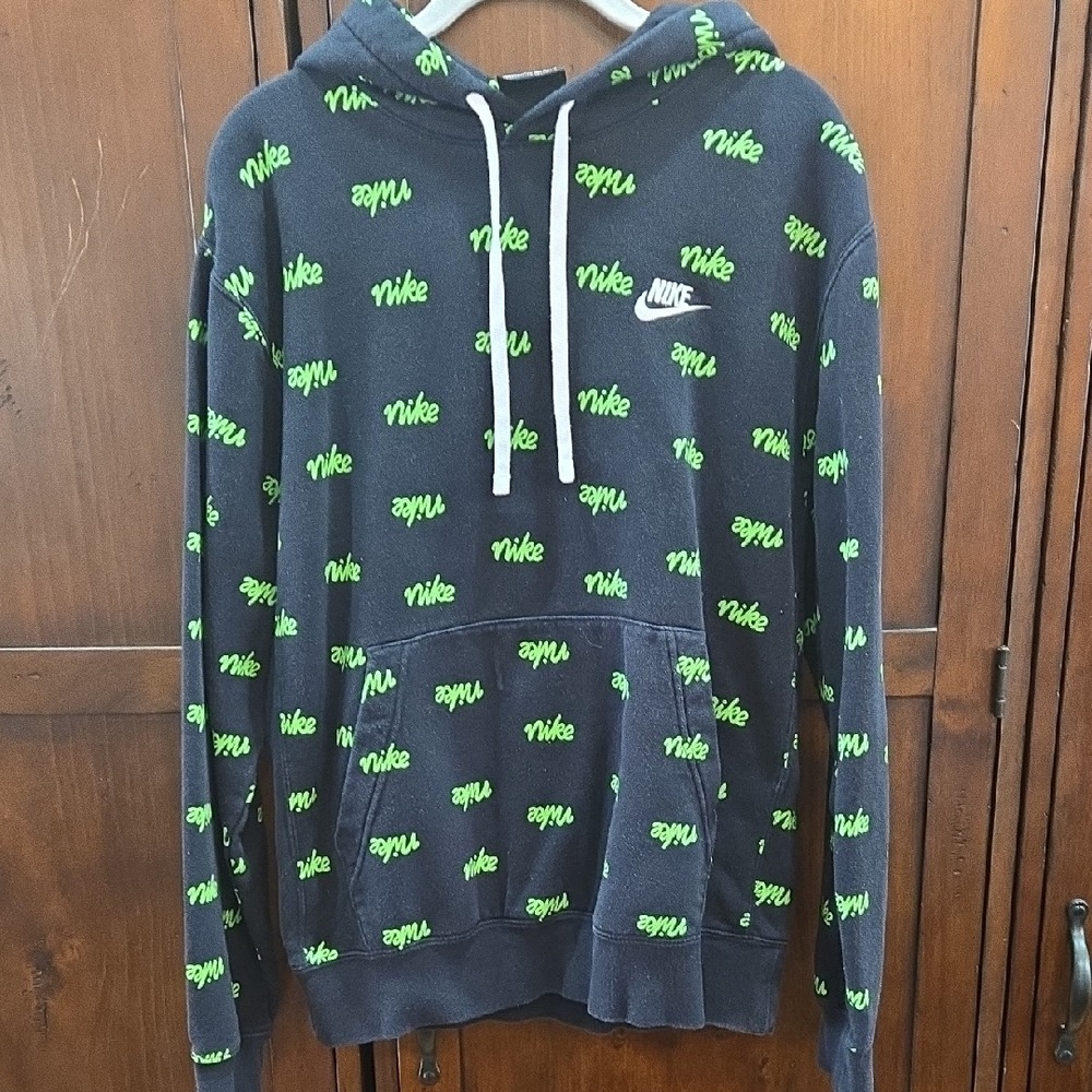 Nike Men's Black Hoodie with Neon Green Logo‎ Pattern